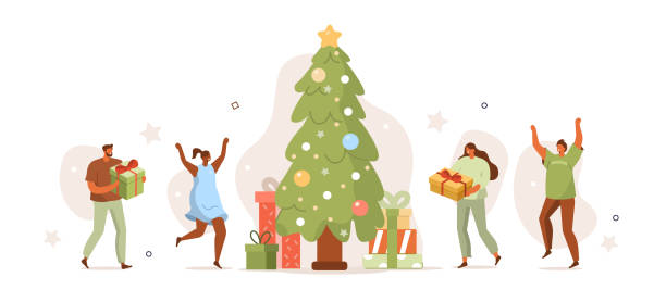 stockillustraties, clipart, cartoons en iconen met kerstboom - christmas people
