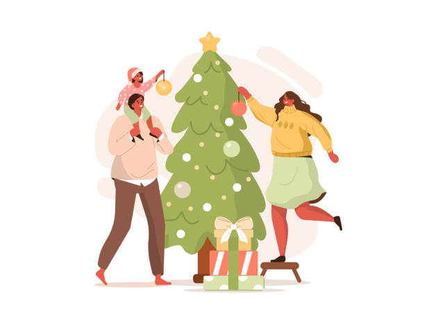 familie schmückt weihnachtsbaum - weihnachten familie stock-grafiken, -clipart, -cartoons und -symbole