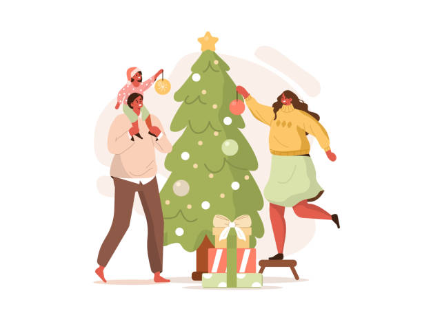 family decorating christmas tree Family Celebrating Winter Holidays. Mother, Father and Kid Decorating Christmas Tree Together and Preparing Gift Boxes. Merry Christmas and Happy New Year Concept. Flat Cartoon Vector Illustration. family christmas stock illustrations