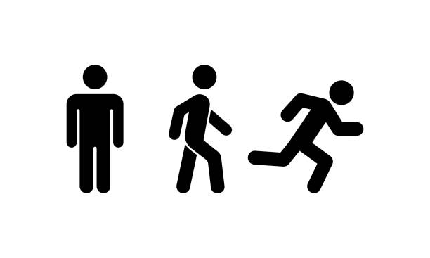ilustraciones, imágenes clip art, dibujos animados e iconos de stock de el hombre se para, camina y corre icono. signo de movimiento humano. vector sobre fondo blanco aislado. eps 10 - pedestrian
