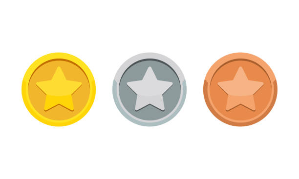 Coin game medal with the star icon. Gold, silver and bronze medal. 1st, 2nd and 3rd places award. Vector on isolated white background. EPS 10 vector art illustration