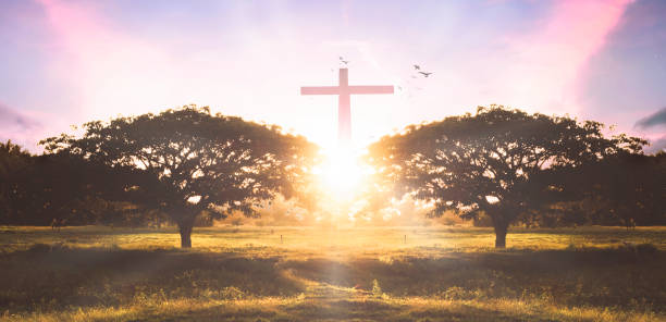 istock Religious concept: Silhouette cross and birds flying on  sunrise background 1272960615