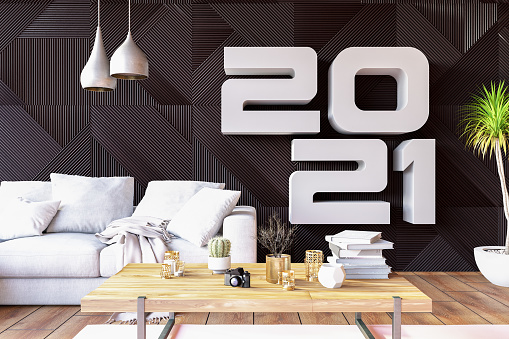 2021 New Year Concept Living Room Interior. 3d Render
