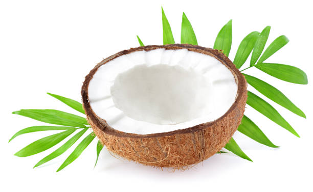 istock half coconut with green leaves isolated on white background 1272961145