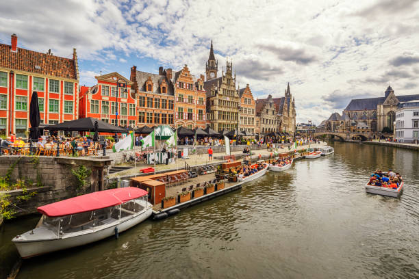 Leie river bank in Ghent, Belgium, Europe