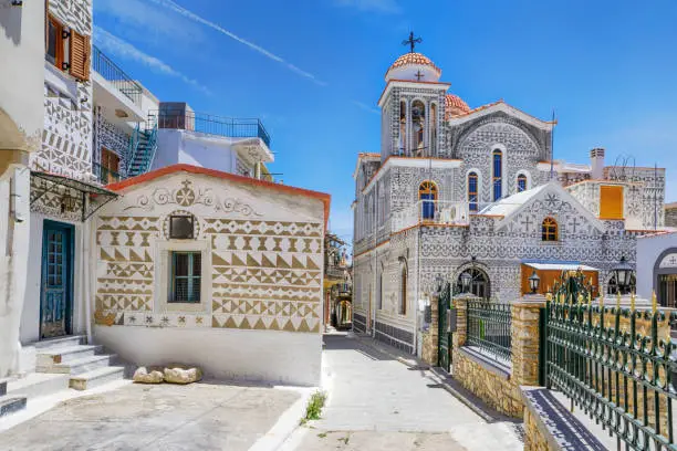 Narrow alleys of old town Pyrgi in Chios Island, Greece.