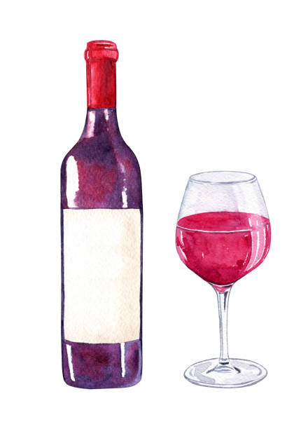 흰색 배경에 고립 된 수채화 손 그린 레드 와인 병과 유리 - wineglass wine glass red wine stock illustrations