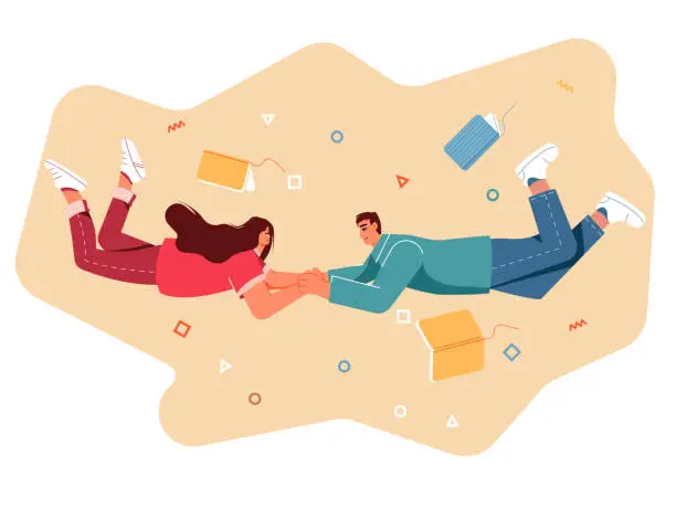 Vector illustration of Couple holding flying between books.