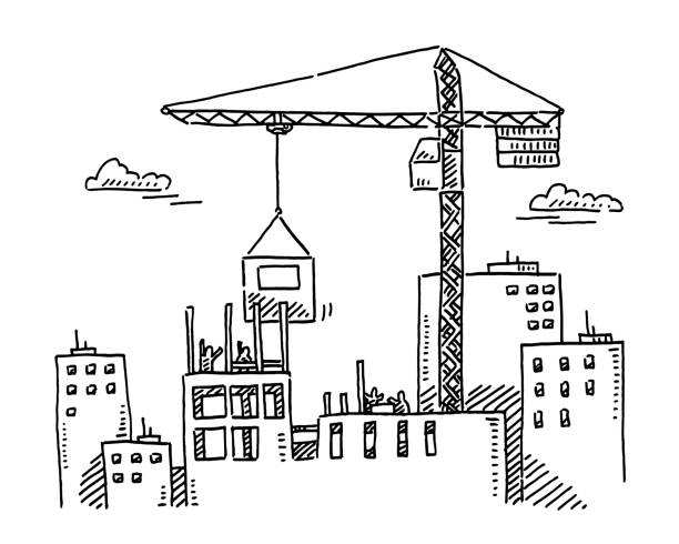 ilustraciones, imágenes clip art, dibujos animados e iconos de stock de dibujo de grúas del sitio de construcción de edificios de la ciudad - alto edificio ilustración en blanco y negro
