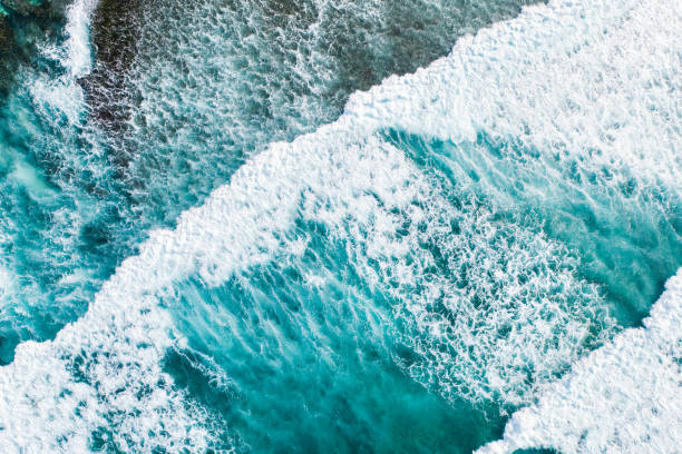 istock Big ocean waves hitting a coral reef. View from above. 1272963758