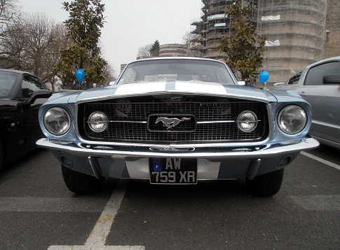 Angers, France - april 7th 2013 : Blue Ford mustang exhibed on the parking of the castle, during a flea market.