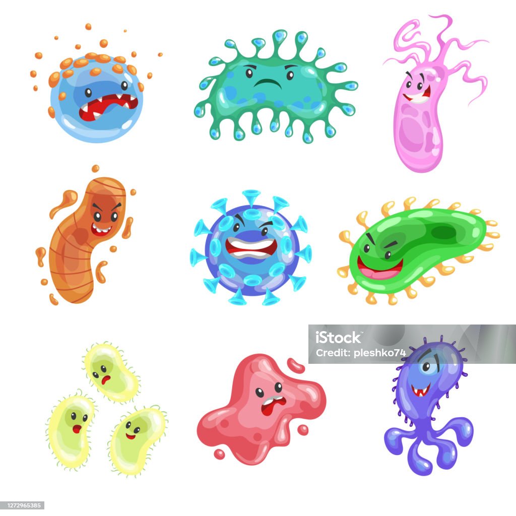 Ilustración de Germen De Dibujos Animados Bacterias Virus Y Microbios  Colección De Personajes Divertidos Iconos De Monstruos Lindos En Estilo  Vectorial Aislado Sobre Fondo Blanco y más Vectores Libres de Derechos de