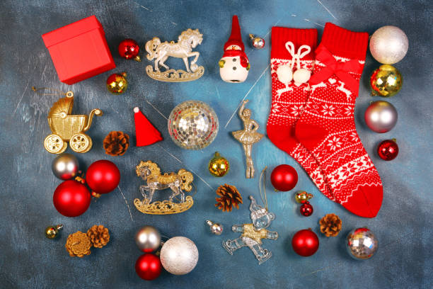Christmas new year decorations concept. Flatly, flat lay, top view stock photo