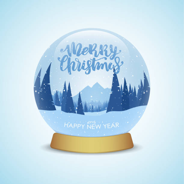 illustrations, cliparts, dessins animés et icônes de joyeux noël et bonne année. globe de neige avec le paysage de montagnes d’hiver isolé sur le fond bleu clair. - snow globe dome glass transparent