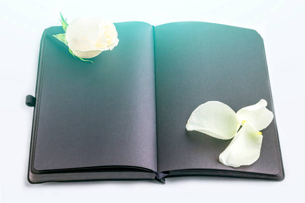 istock Blank open black diary (notebook, sketchbook) decorated with white roses with space for text or lettering. Concept of writing letter, wishes, goals, plans, life story. Flat lay romantic composition 1272967956