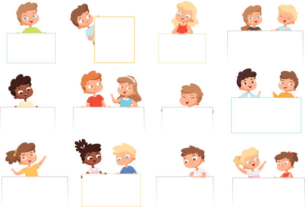 ilustrações de stock, clip art, desenhos animados e ícones de childrens with banners. kids holding blank white frames happy boys and girls vector cartoon characters - computer graphic child school children small