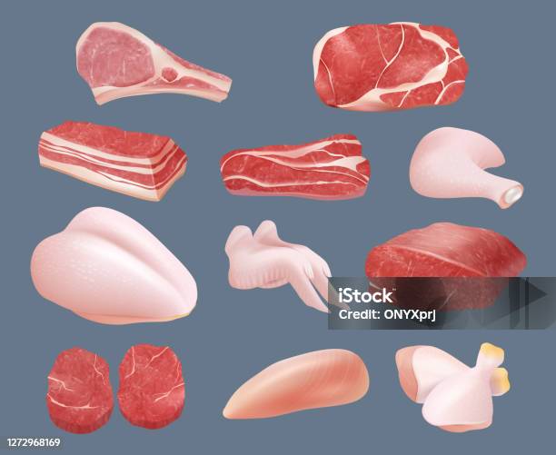Raw Meat Plastic Transparent Packages With Beef Chicken Pork And Steak  Products Animals Sliced Parts Vector Realistic Stock Illustration -  Download Image Now - iStock