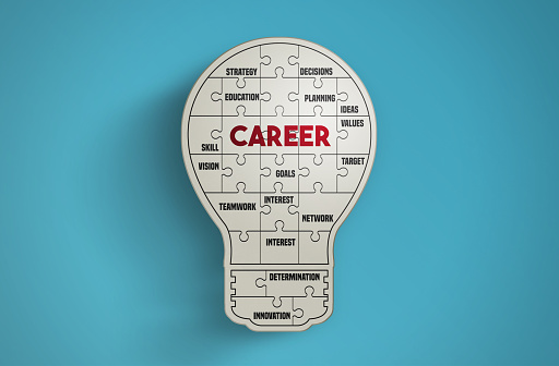 Light bulb puzzle pieces forming the word Career on blue background. Idea and Career Concept. Horizontal composition with copy space.