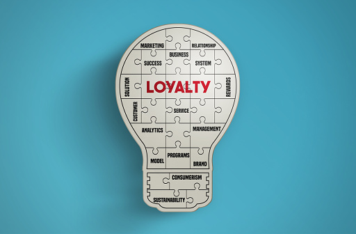 Light bulb puzzle pieces forming the word Loyalty on blue background. Idea and Loyalty Concept. Horizontal composition with copy space.