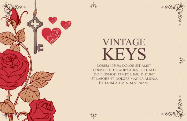 baner z kluczami vintage, czerwonymi różami i sercami - vector fantasy elegance safety stock illustrations