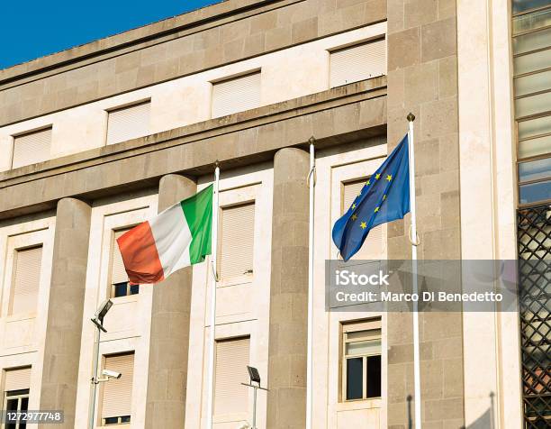 European Union Eu And Italian Flags Together Stock Photo - Download Image Now - Architecture, Blue, Built Structure