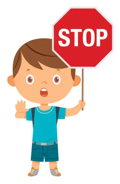 Vector illustration of Cute Boy Showing Stop Gesture While Standing Next Warning Road Sign, Traffic Education, Rules, Safety of Kids in Traffic