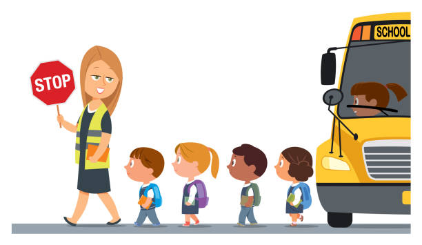 ilustrações de stock, clip art, desenhos animados e ícones de teacher with a safety vest and stop sign walking with schoolchildren - bus school bus education cartoon