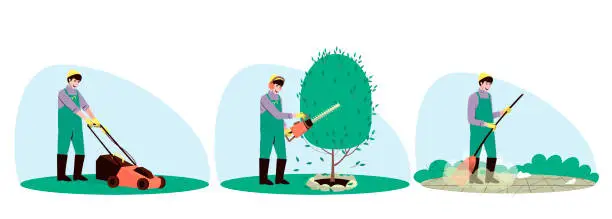 Vector illustration of Set of male handyman character gardening