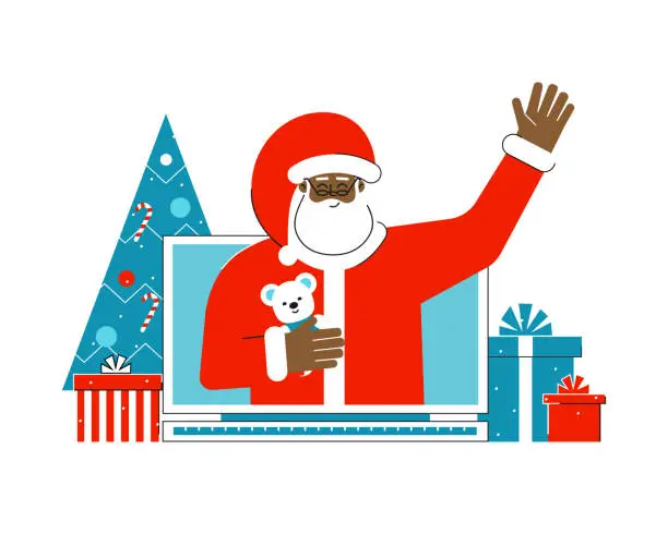 Vector illustration of Vector isolated flat concept with gift boxes and christmas tree. Cartoon character of african american Santa Claus. He greets people from computer screen. Online shopping on the eve of Winter holiday