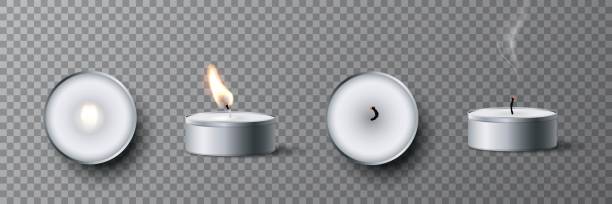 illustrazioni stock, clip art, cartoni animati e icone di tendenza di piccolo set di candele da tè bianco. candele rotonde isolate per la casa con comoda luce del tè. accozzature a fiamma, ardere e non illuminate con cera o paraffina. per compleanno, illustrazione vettoriale anniversario - candle tea light candlelight flame