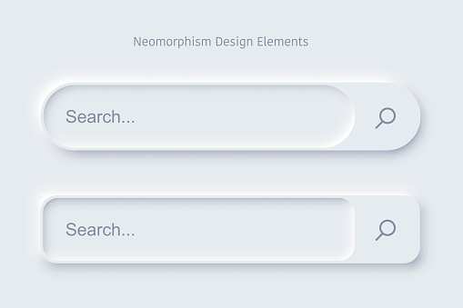 Set of Search bar form templates of neomorphic interface. Neomorphism trendy 2020 design elements, UI components. Vector layout illustration isolated objects for website, interface, social media