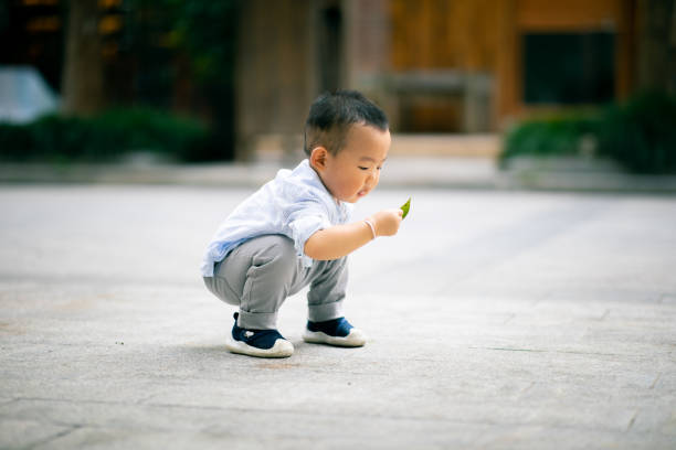 Cute Asian boy having fun while playing on the playground on sunny day. Outdoor activity.