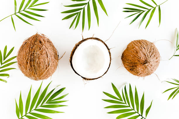 istock Pattern with coconuts and tropical palm leaves on white background. Tropical abstract background. Flat lay, top view 1272988396