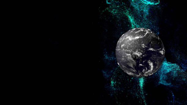 istock 3d rendering bursts of particles in space around 3d render cold far planet in darkness. 1272990688