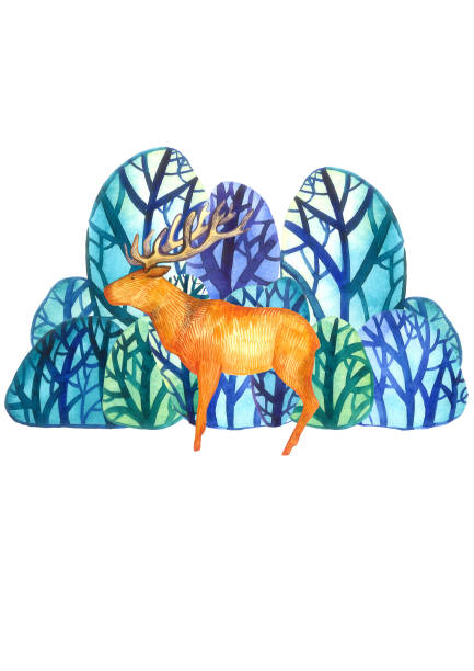 istock A deer and blue trees iolated on white background - magic forest collection. Winter or Christmas illustration, template for greeting card or textile print 1272992054