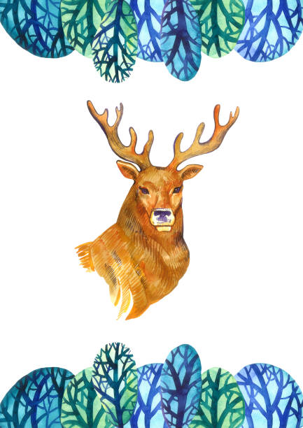 istock A deer and blue trees iolated on white background - magic forest collection. Winter or Christmas illustration, template for greeting card or textile print 1272992074