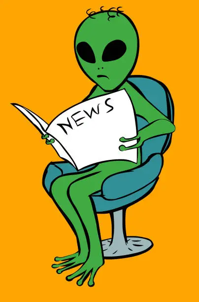 Vector illustration of Scared green alienn reading newspaper