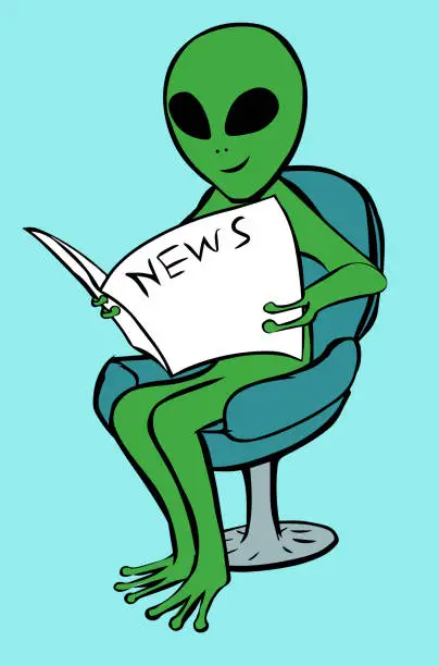 Vector illustration of Smiling green alien reading newspaper