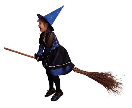 little girl dressed as a witch wearing a hat and sitting on a broom, with a white background