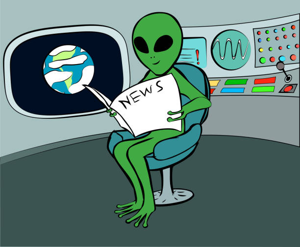 Reading newspaper smiling alien that sitting in cabin of his spaceship Vector illustration of reading newspaper smiling alien, that sitting in armchair in cabin of his spaceship. In the cabin there is a porthole with the planet (earth?) and a complex remote with screens. extrasolar planet stock illustrations