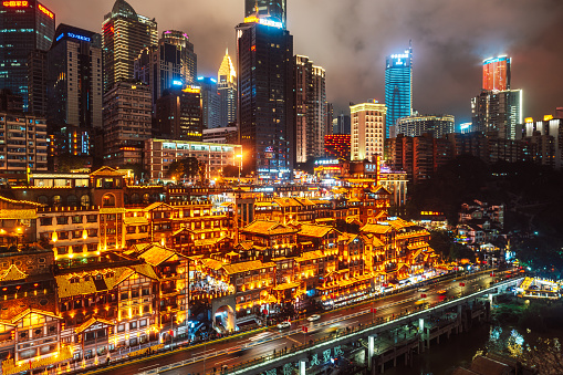 JANUARY 21, 2021, CHONGQING, CHINA: City skyline and river night view in Chongqing, China, copy space for text
