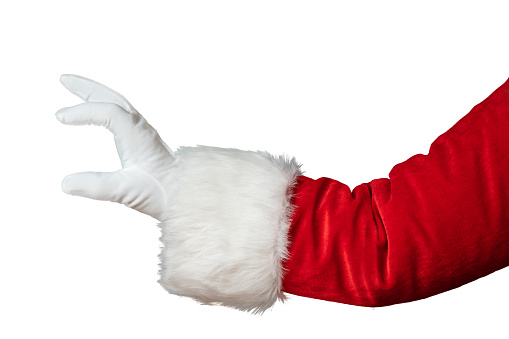 Santa Claus hand presenting a product isolated on white background