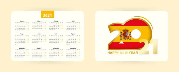 Vector illustration of Spanish pocket calendar 2021. Happy new 2021 year icon with flag of Spain.