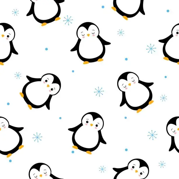 Vector illustration of The vector pattern with cartoon penguins and snowflakes