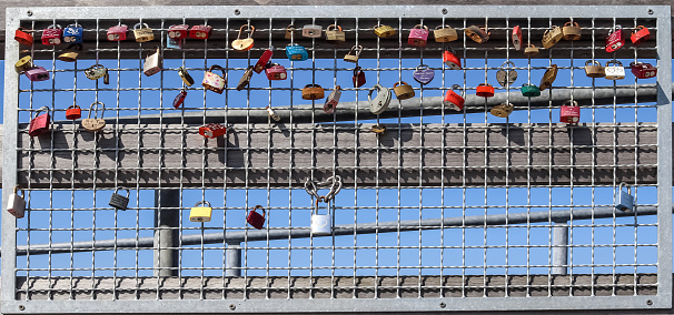 30.August 2020, Kiel Germany: Many Love locks hanging at a pier at a baltic sea beach