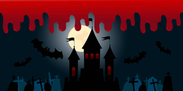 istock Halloween background gravestones, castle with full moon, bloody night 1273003806