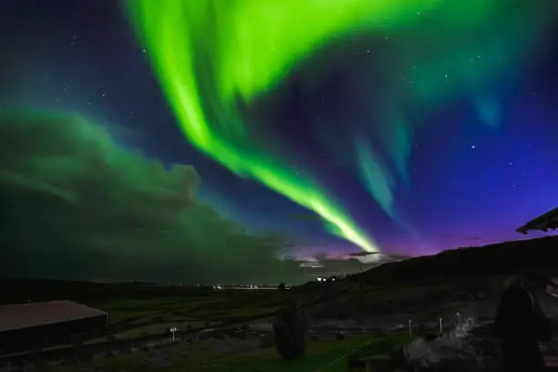 Aurora borealis  shot in Iceland over a small village