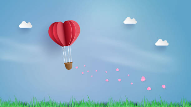 istock Balloon flying over Cloud with pink heart float on the sky. and scatter pink heart in the sky, vector art and illustration of love and valentine Digital paper craft style.Paper art of pastel backgroun 1273011485