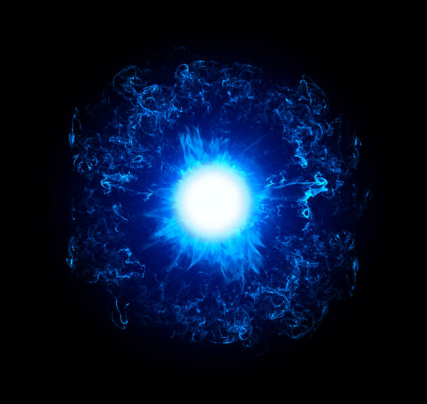 검은 배경에 푸른 빛나는 에너지 공 - nuclear energy flash 뉴스 사진 이미지