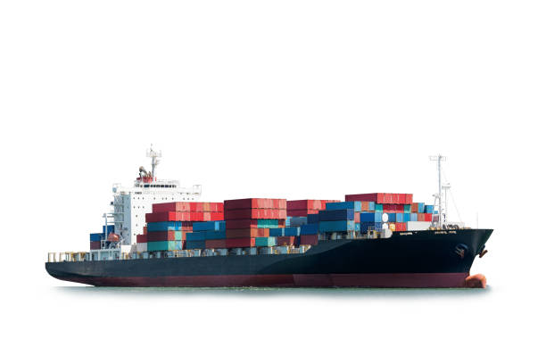 kontenerowiec izolowany na białym tle, transport towarowy i logistyka, wysyłka - freight liner zdjęcia i obrazy z banku zdjęć